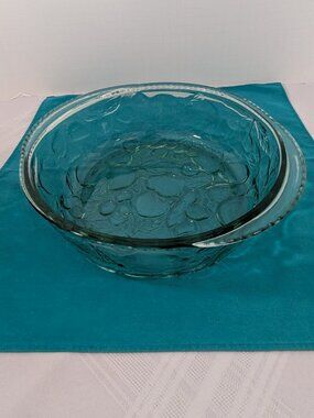 Vintage Libbey Glass 3 Quart Round Baking Dish Orchard Fruit Green No Lid